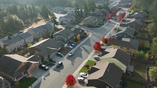 Wide aerial view of a suburban American neighborhood during Autumn.