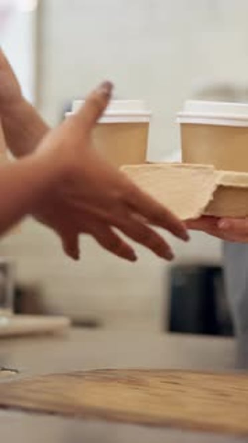 Hands, cup and customer in coffee shop, takeaway and purchase of hot beverage, barista or morning