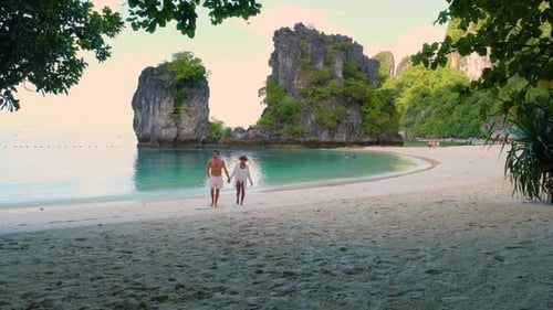 Couple Holding Hands Walking on Tropical Beach