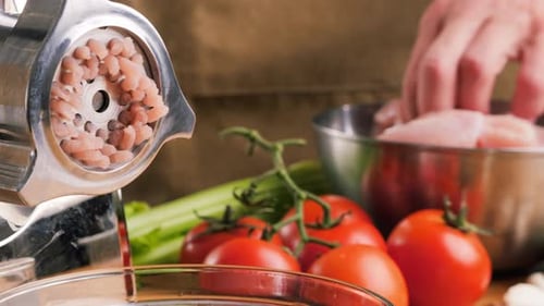 Meat Grinder Making Chicken Turkey Burger Grinds the Meat Into Minced Meat Minced Pork Beef Protein