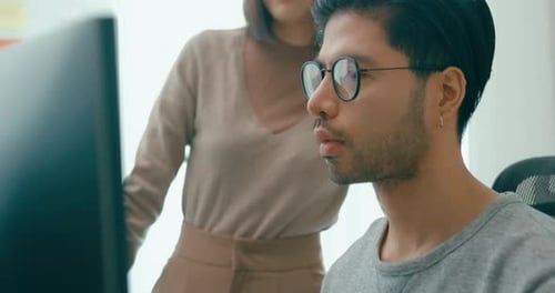 Closeup group Adult Asia male, female freelance meeting write prompt AI bot IT app smart program.