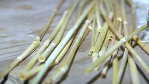 Tan Straw Stalks on Wooden Surface