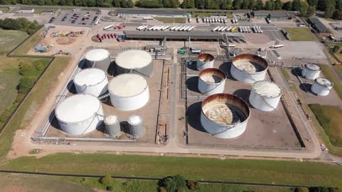 Aerial view of storage tanks in Kingsbury, United Kingdom.