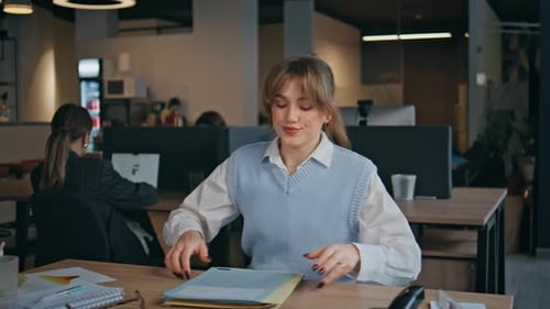 Office Woman Examining Papers at Open Space Closeup Lady Reading Documents