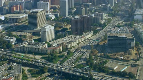Aerial View of Downtown LA Traffic on the Freeway on a Sunny