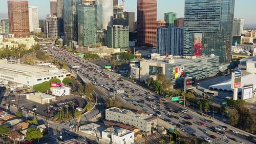 This is an aerial shot pushing and tilting up in downtown Los Angeles.