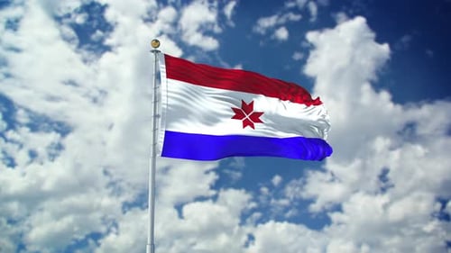 Realistic Waving Flag Against Cloudy Blue Sky
