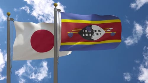 National Flags of Japan and Eswatini Waving