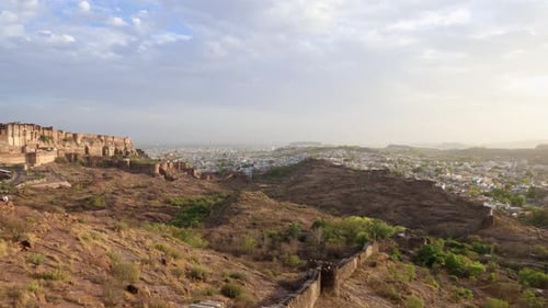 ancient historical fort with blue city view and dramatic sunset sky video is taken at mehrangarh for