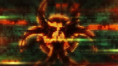 Biohazard Symbol Emerging From Digital Rain of Binary Code