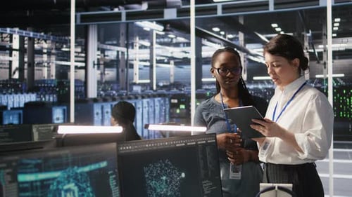 Teamworking Engineers in Data Center Integrating AI Automation Tools