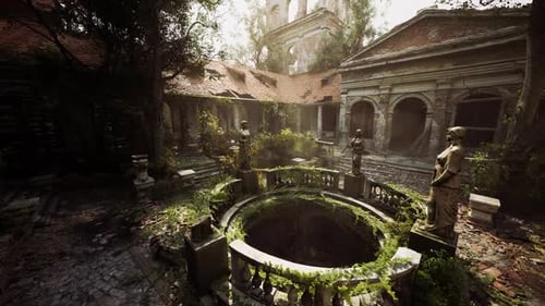 Ancient Courtyard with Statues and Overgrown Vegetation in Ruined Architecture