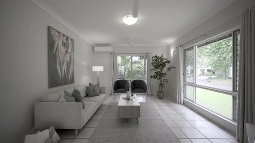 Interior tour in a modern contemporary loft living room with wide windows and frontyard view