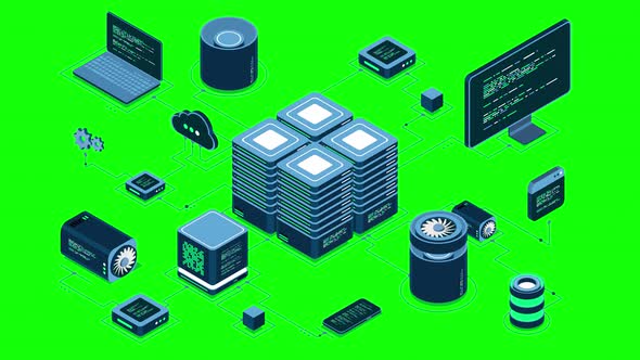 Isometric computer technology animation. Computation of big data center ...
