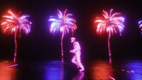 Futuristic Background Of Runing Astronaut And Side Scrolling Neon Glowing Palm Trees Loop