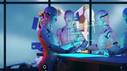 Android robots collaborating on complex digital software code