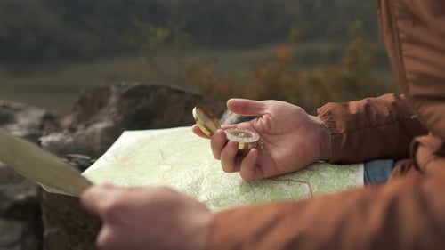 Hiker Tourist Traveler Man with Map Mountain Camping Camp Tent Traveling Hiking Landscape Nature