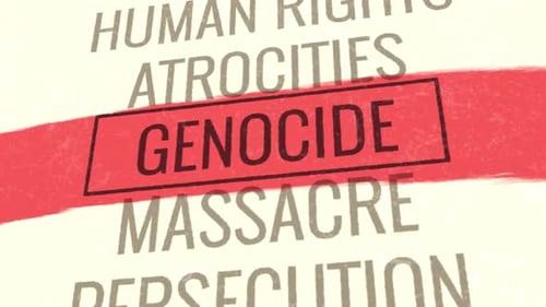 3D-Animation mit scrollendem Titel zum Genozid