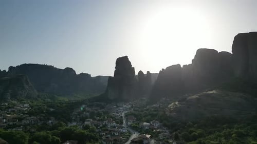 Aerial of Landscape with Monasteries and Rock Formations in Meteora, Greece