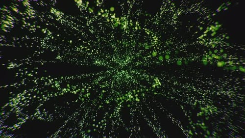 Explosion of neon green particles and dots. Chaotical move of particle lights