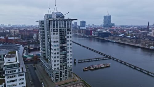 Aerial view of modern buildings on the bank of spree river