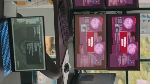 Vertical Video Computer Screens Running Hacking Alert Security Breach in Empty Software It Agency