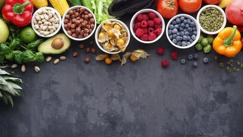 Healthy Fruits and Vegetables Flat Lay with Copy Space