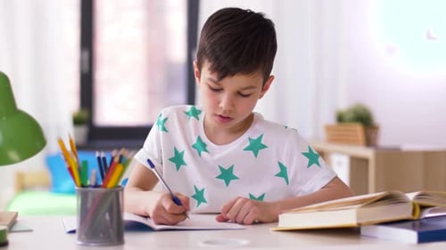 Young Boy Studies and Writes at Desk