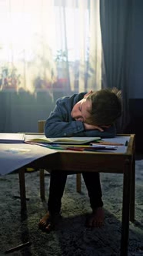 Caucasian Schoolboy Fell Asleep on Books While Doing Homework