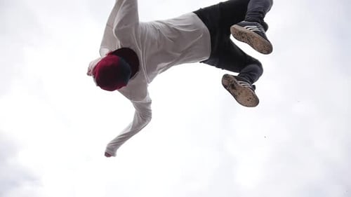Urban Teen Acrobatics Teenager Jumps a Flip at Park Parkour