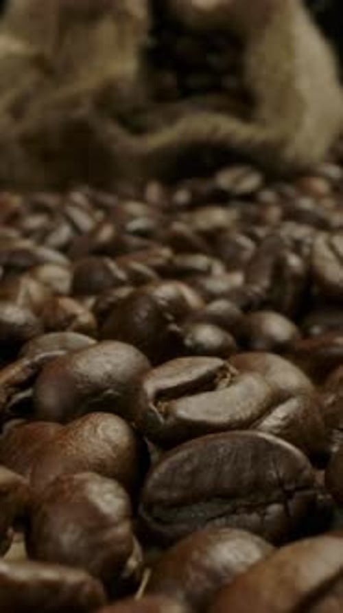 Vertical of Low Point Macro View of Roasted Coffee Beans and Jute Sack