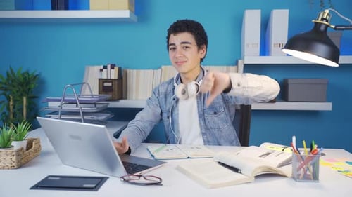 Student looking at camera with disgust while looking at laptop makes a negative gesture.