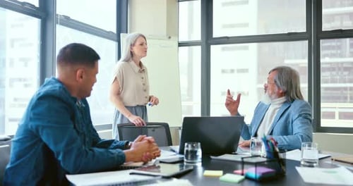 Presentation communication, diversity and senior speaker at business meeting talking about financial