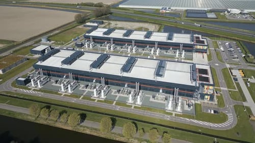 Wide Drone Shot of Industrial Data Center Campus in Rural Netherlands - Agriport A7, Netherlands