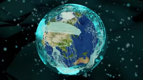 Rotating Earth with Futuristic Digital Grid and Energy Shield