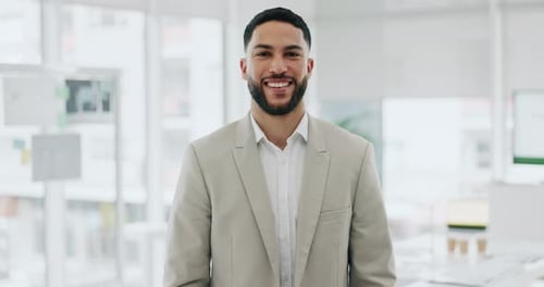 Business man, portrait and smile in office with confidence and career pride