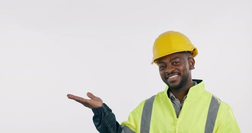 Face, engineer and construction worker in studio advertising mockup space