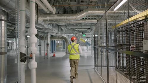 Worker in helmet walks through factory