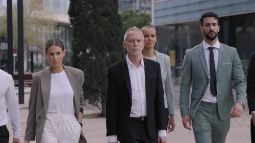 Successful Group Business People Suits Walking Confident Down Street Multiracial Workers Law Firm