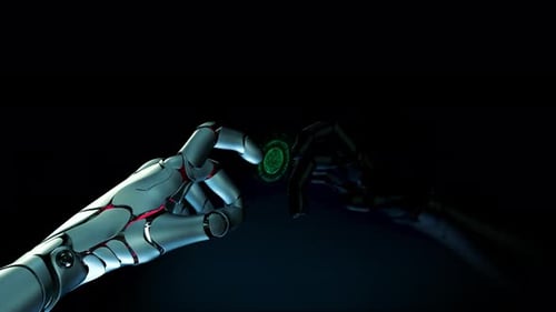 Roboterfinger aktiviert futuristische Web-Quanten-AI-Arm-Touchscreen-Taste