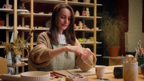 Smiling Girl Caucasian Woman Artist Sculptor Craftswoman Potter Designer Art Work in Studio Small