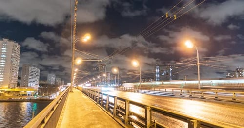 Panoramic night view of Moscow and the river from the bridge