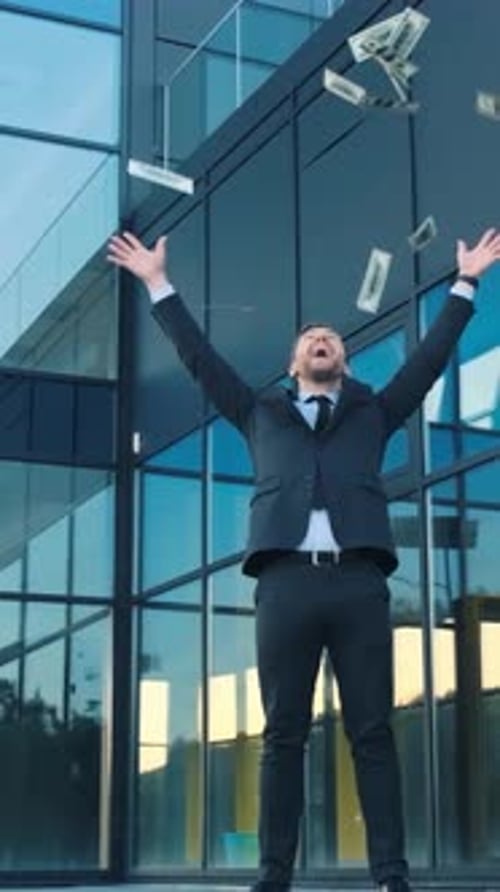 Businessman Throwing Money at Fun Event in Electric Blue City Building