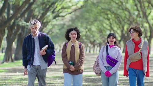 Friends Walking in Park Alley and Discussing College Life