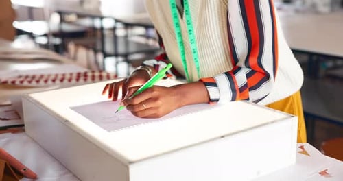 Hands, creative drawing and fashion designer in workshop for manufacturing of clothes