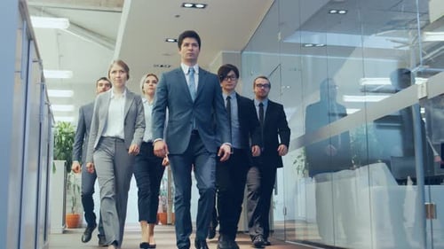 Diverse Team of Delegates/ Lawyers Confidently Marching Through the Corporate Building Hallway. Mul