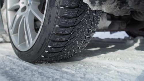 Problem of car's wheel on the winter road. Shot with RED helium camera in 8K.