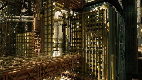 Urban Factory Canyon with Towering Tanks and Intersecting Frameworks