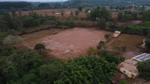 South Brazil Floods 2024 - Drone shot of aftermath of floods in soccer court in Sao Sebastiao do Cai