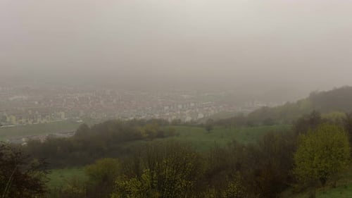 Timelapse of fog over spruce forest and suburban village